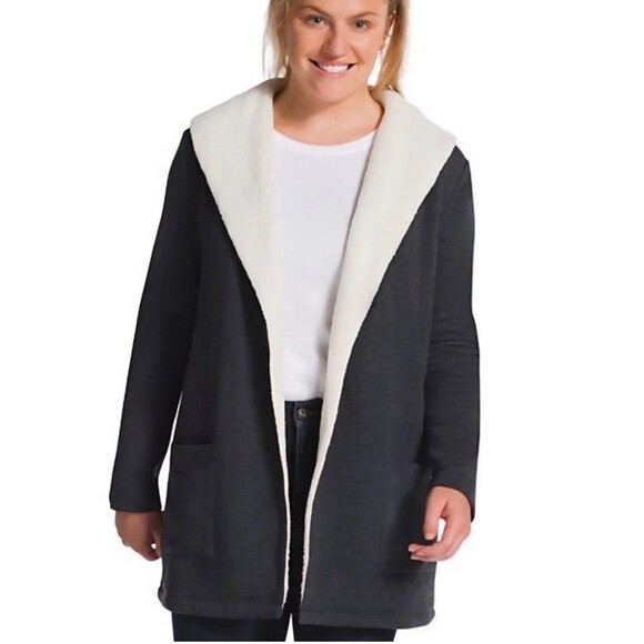 Eddie Bauer Women's Size XXL Cardigan Sherpa Lined Open Front Gray & Cream Cozy - Picture 1 of 5